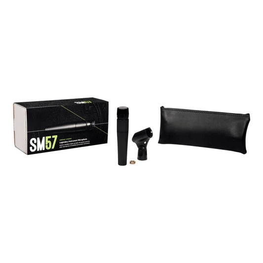 Black Shure sm57 dynamic instrument microphone with stand mount and pouch for professional instrument recording and type beat music