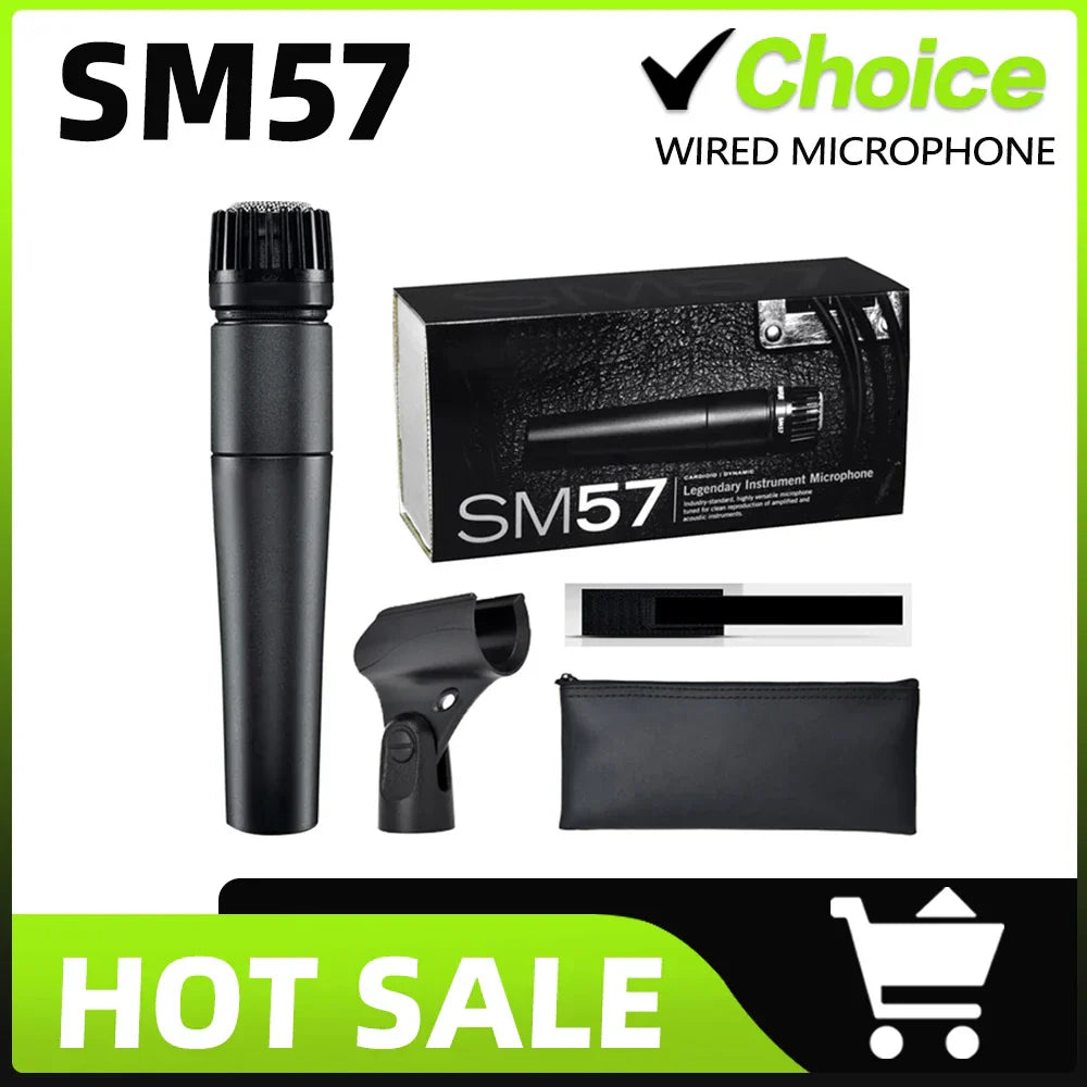 Black sm57 dynamic instrument microphone professional quality with ribbed grille matte finish shown with packaging and accessories
