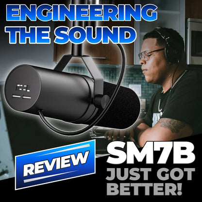 Black sm7b dynamic recording microphone with matte finish and foam windscreen for live vocals performance