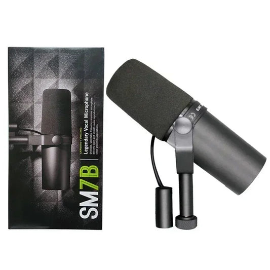 Black sm7b microphone dynamic with foam windscreen and metallic accents for live stage recording and podcasting