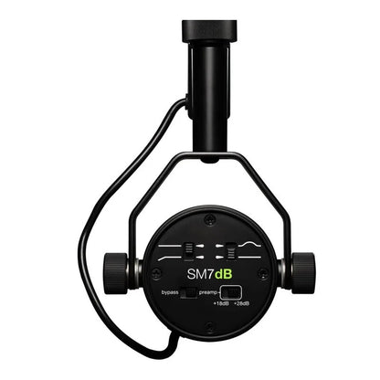 Black sm7db studio dynamic microphone with circular control panel and knobs for gain adjustment for radio live vocal use