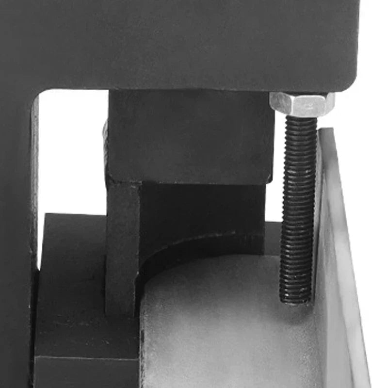 Black metal bolt with hexagonal head securing mechanical part of a small hydraulic chamfering machine for angle steel cutting