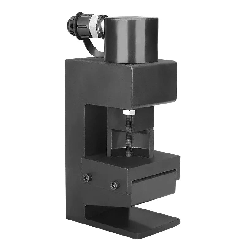 Black metal small hydraulic chamfering machine with cylindrical handle and threaded rod for angle steel cutting