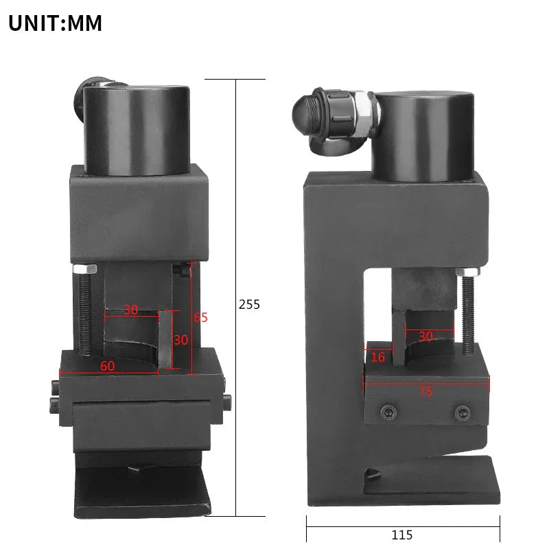 Black metal small hydraulic chamfering machine with adjustable clamps for angle steel cutting and chamfering tasks