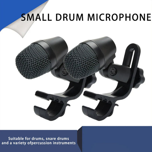 Black small military drum microphone e904 with mesh grille and clip arm installation for instrument wired drum recording