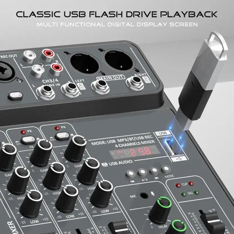 Black metal small sized 4 channel usb mixing console portable sound mixer with flash drive for recording karaoke songs