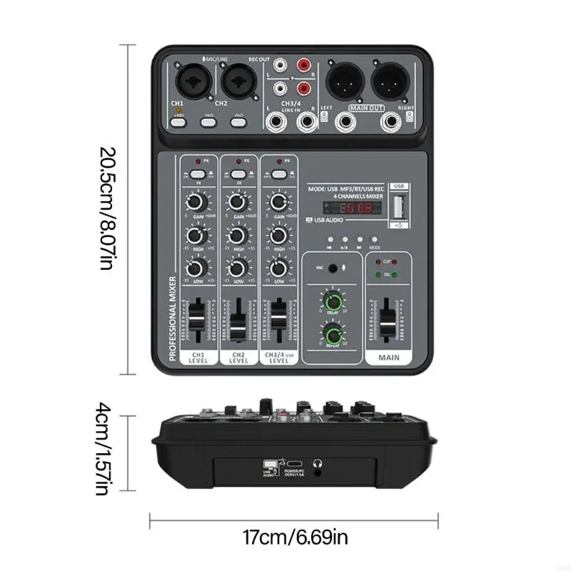 Black small sized 4 channel usb mixing console portable metal body for recording karaoke songs with multiple knobs and ports