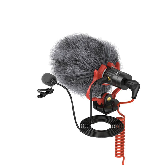 SmallRig S20 on-camera microphone red and black with gray furry windscreen shock mount video microphone stereo use