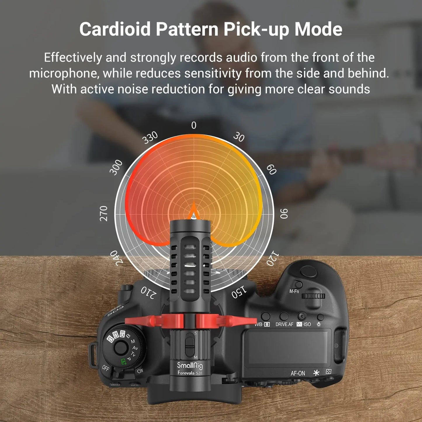 Black and red smallrig s20 on-camera microphone with shock mount video and cardioid pattern mounted on a camera