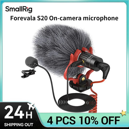 SmallRig s20 on-camera microphone with black body, red shock mount video bracket, coiled cable, and grey fuzzy windscreen