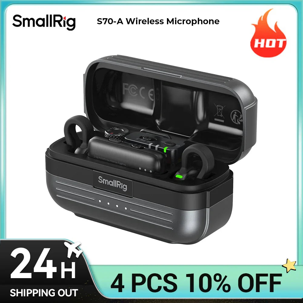Black smallrig s70 wireless microphone with matte finish and integrated controls in charging case for live streaming vlogging