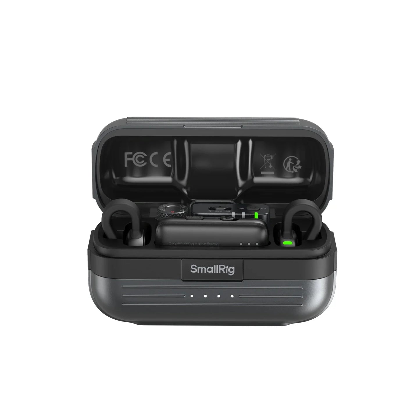 Smallrig s70 wireless black earbuds in matte charging case with green leds for runtime content creators live streaming vlogging