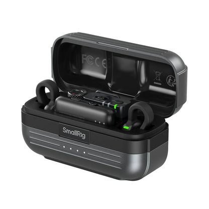 Black smallrig s70 wireless earbuds in matte charging case with green led indicators for runtime content creators live streaming vlogging