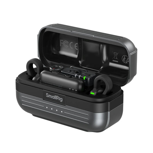 Black smallrig s70 wireless earbuds in matte charging case with green led indicators for runtime content creators live streaming vlogging