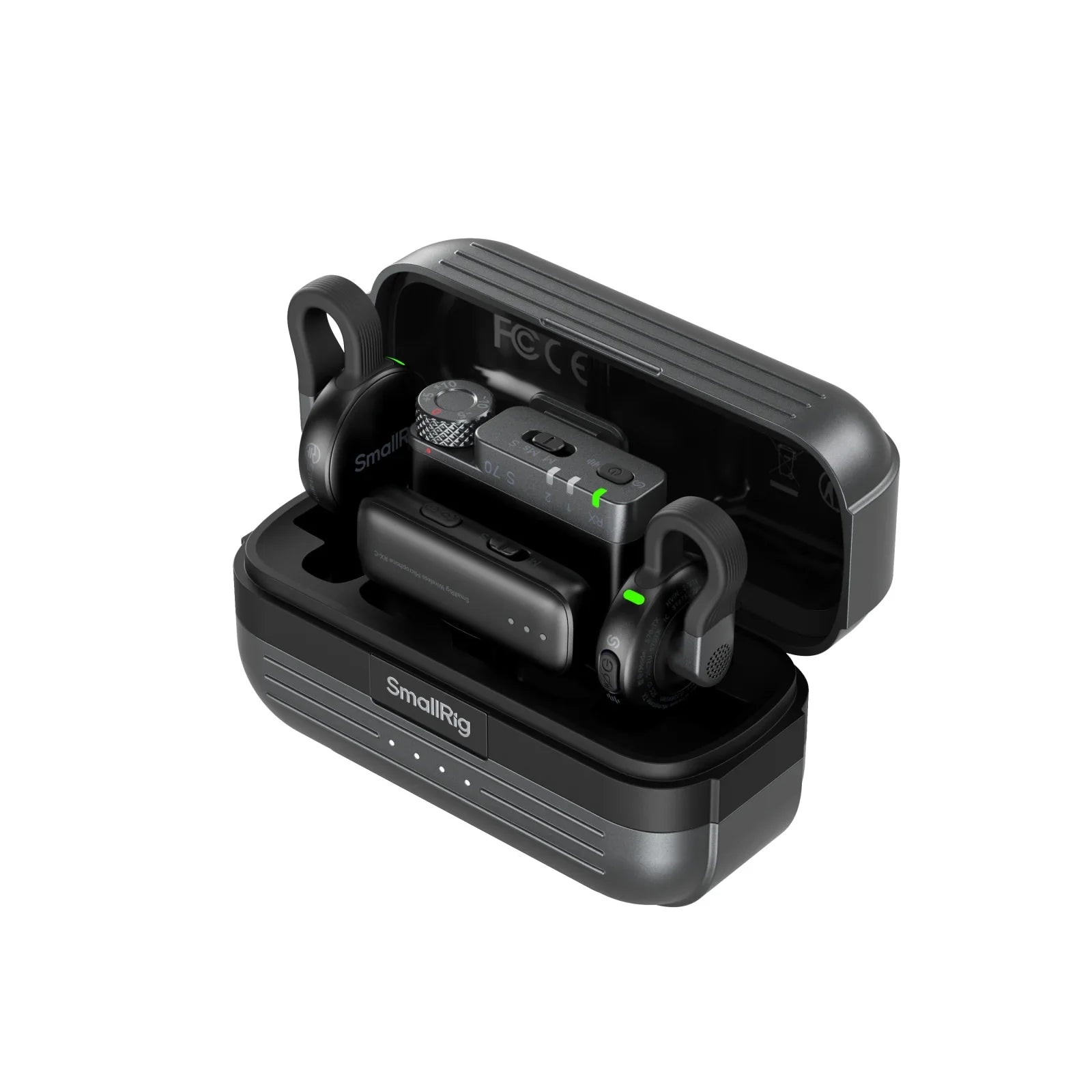 Black smallrig s70 wireless earbuds with matte charging case and green led indicators for runtime content creators live streaming vlogging