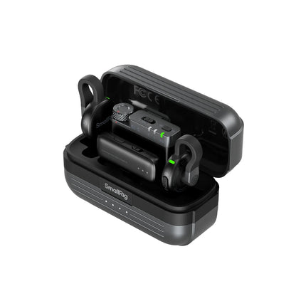 Black smallrig s70 wireless earbuds with matte charging case and green led indicators for runtime content creators live streaming vlogging