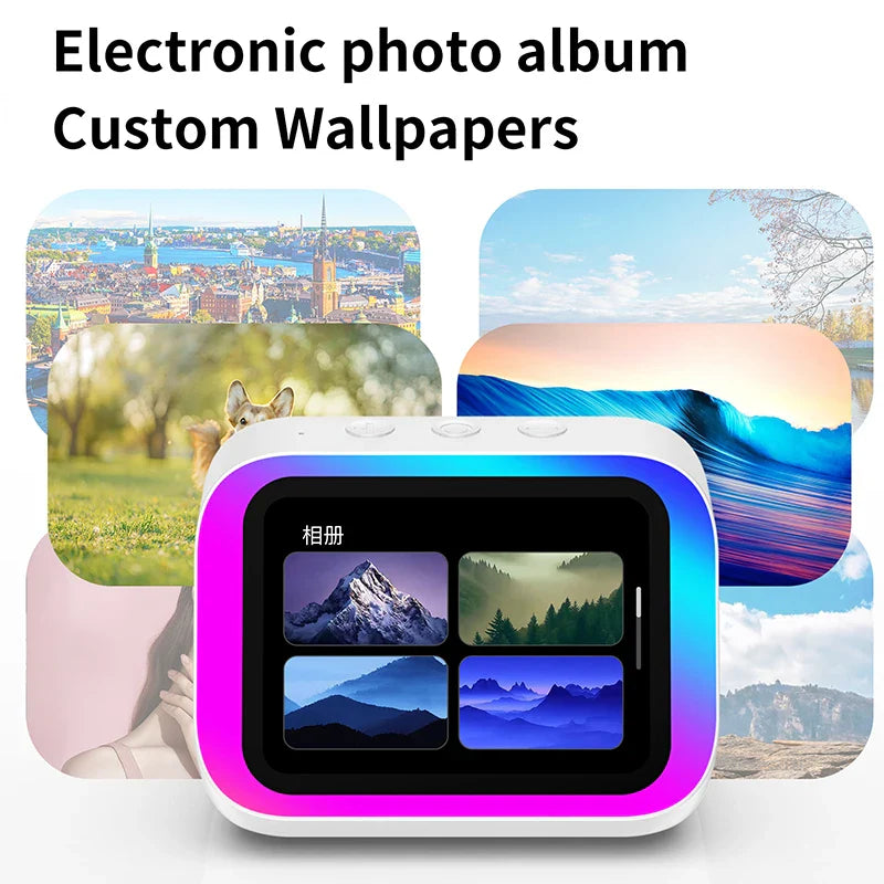 White rectangular smart alarm clock bluetooth speaker weather display night light music photo frame with glowing border