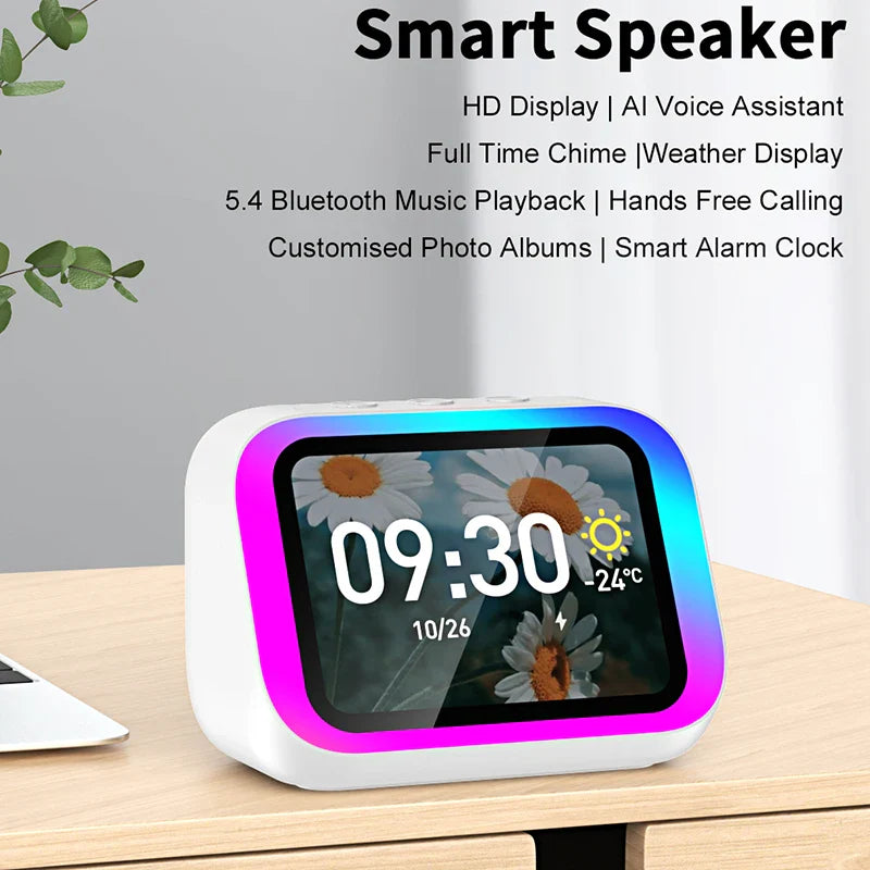 White smart alarm clock bluetooth speaker weather display with night light music and glowing rgb frame on daisy background