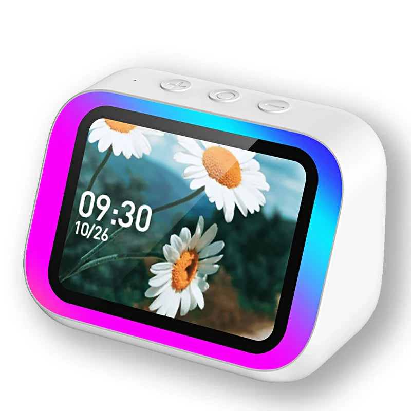 White rectangular smart alarm clock with colorful led border displaying daisies featuring bluetooth speaker weather night light music