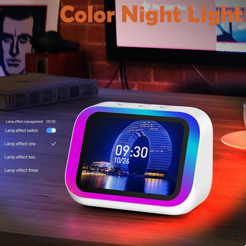White rectangular smart alarm clock with colorful led border displaying time date hangzhou bay bridge image bluetooth speaker weather night light music