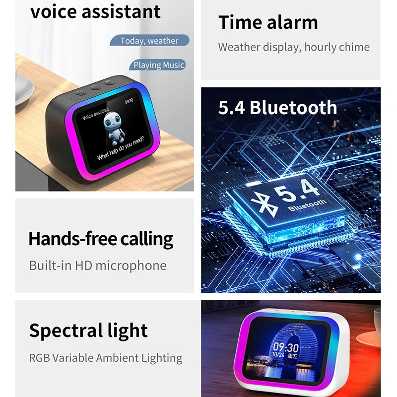 Black and white smart alarm clock bluetooth speaker weather display with colorful rgb screen night light music player
