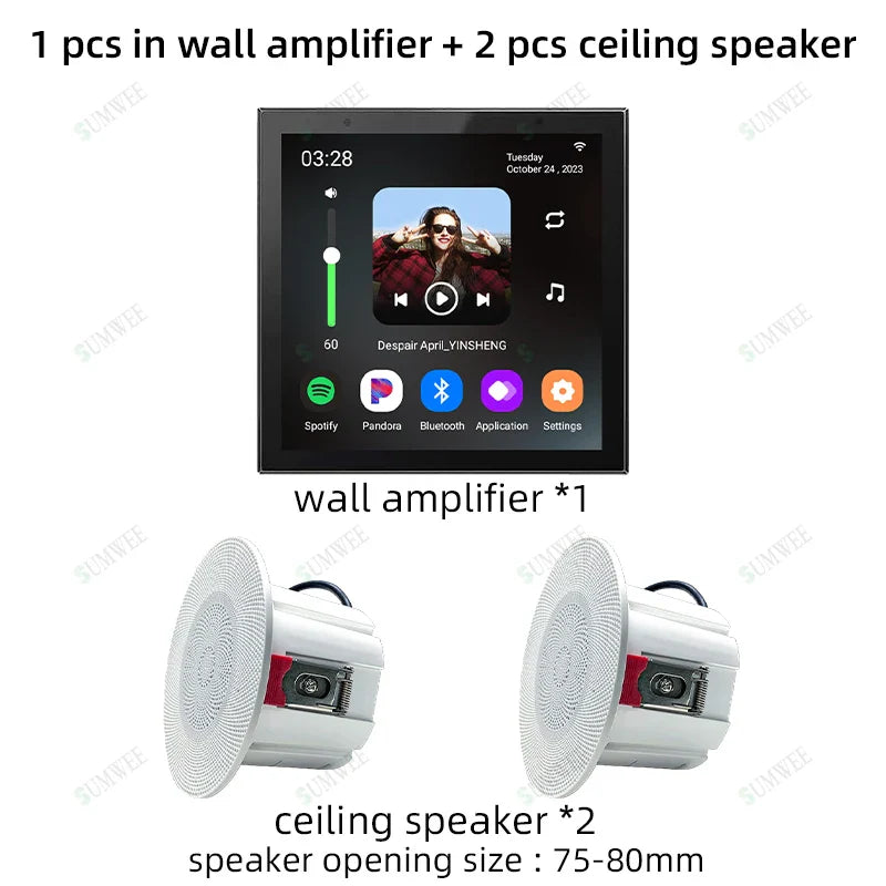White tuya home sound wall amplifier android with square touchscreen and stereo ceiling speakers for hotel audio system