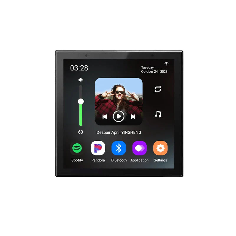 Black square touchscreen tuya home sound car stereo displaying music playback with spotify pandora and bluetooth icons