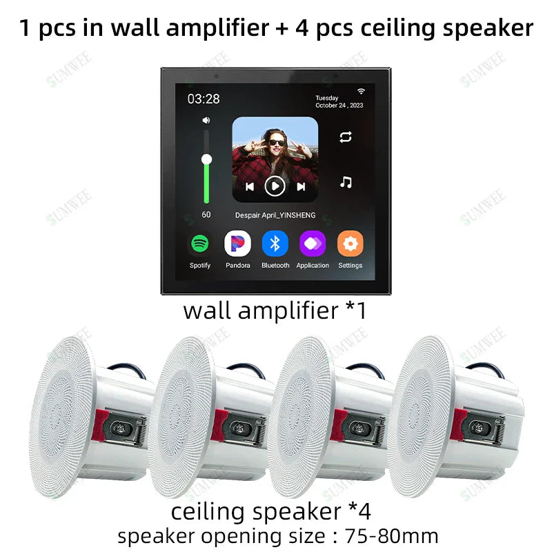 White wall amplifier android 11 system with touchscreen and four white stereo ceiling speakers tuya home sound kit