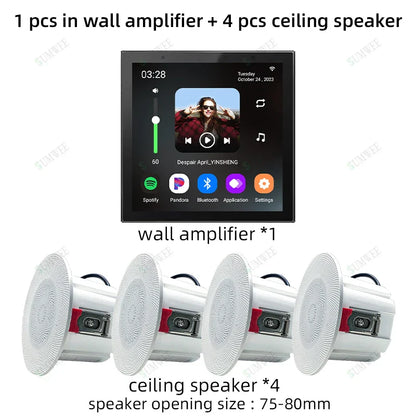 White wall amplifier android 11 system with touchscreen and four white stereo ceiling speakers tuya home sound kit