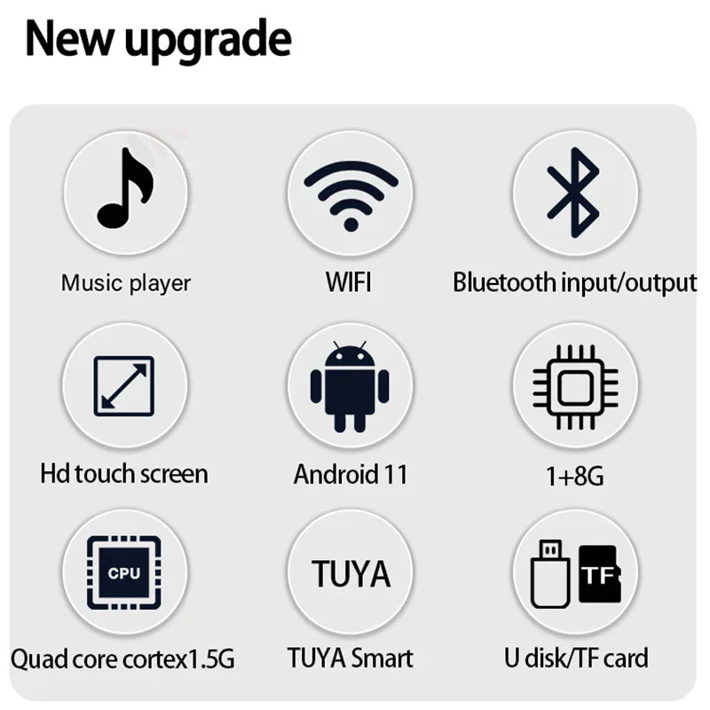 Black circular icons on light gray background highlighting tuya home sound features in wall amplifier android system with stereo ceiling speaker