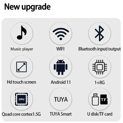 Black circular icons on light gray background highlighting tuya home sound features in wall amplifier android system with stereo ceiling speaker