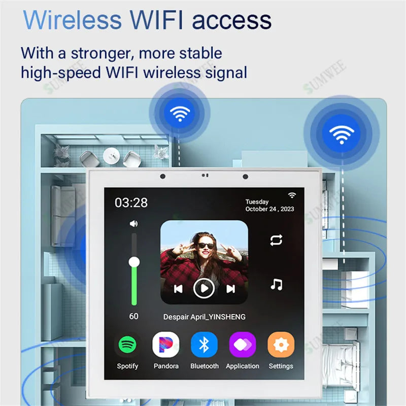 White rectangular touchscreen wall amplifier android display with spotify pandora apps for tuya home sound system