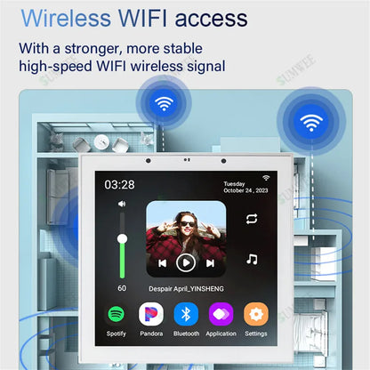 White rectangular touchscreen wall amplifier android display with spotify pandora apps for tuya home sound system