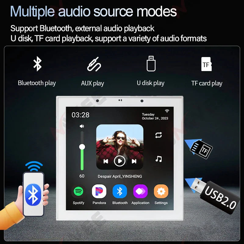 White rectangular tuya home sound wall amplifier android with touchscreen and stereo ceiling speaker connectivity options