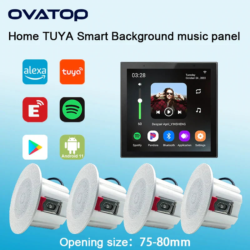 White circular recessed stereo ceiling speaker with textured grille and red accent for tuya home sound wall amplifier android system