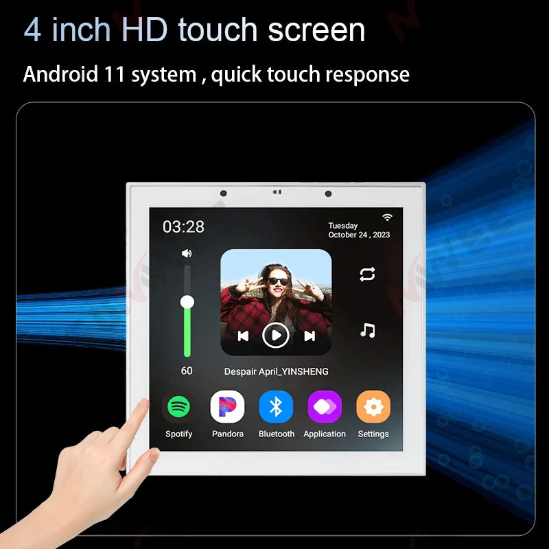 White-framed 4-inch hd touchscreen smart audio system with android 11 displaying music player for tuya home sound wall amplifier android and stereo ceiling speaker kit