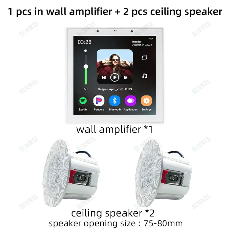 White rectangular tuya home sound wall amplifier android with touchscreen and stereo ceiling speaker kit for hotel use