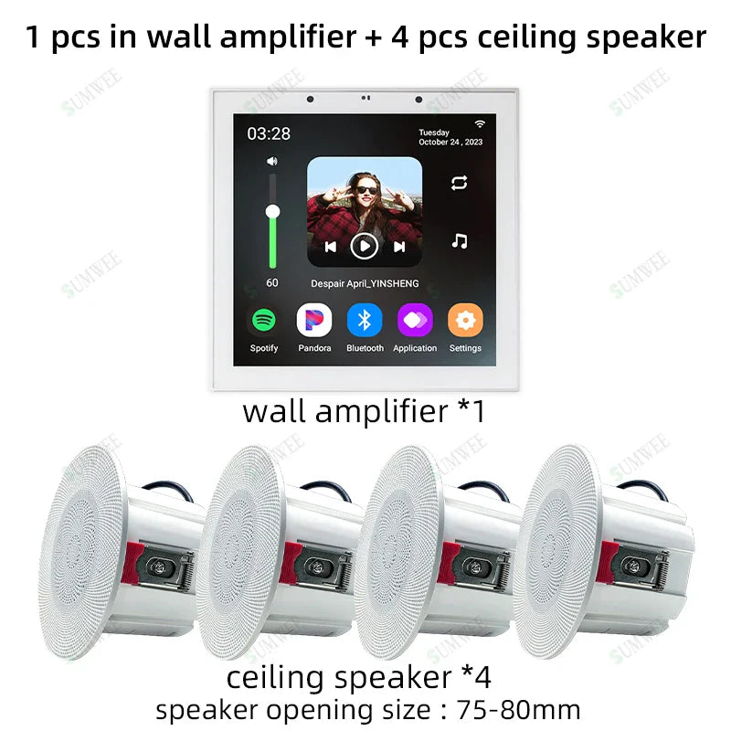 White rectangular wall amplifier with touchscreen and four white stereo ceiling speakers in tuya home sound system