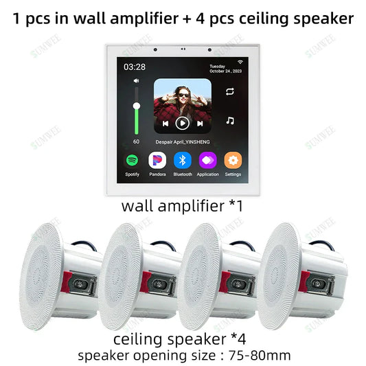 White rectangular wall amplifier with touchscreen and four white stereo ceiling speakers in tuya home sound system