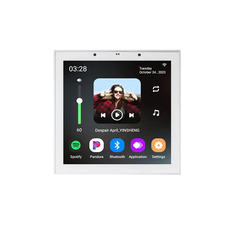 White-framed touchscreen tuya home sound media player with spotify and bluetooth in wall amplifier android system