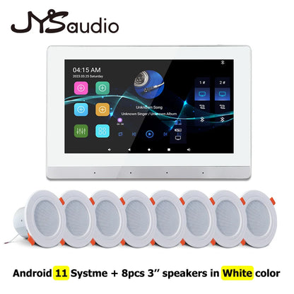 White jysaudio android 11 smart home theater sound amplifier with touchscreen android music panel and eight white ceiling speakers
