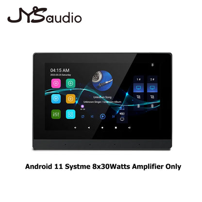 Black jysaudio android 11 car stereo with touchscreen display showing music playback for smart home theater use