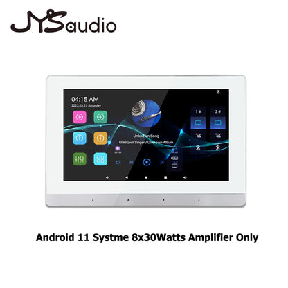 White jysaudio android 11 car stereo with sleek touchscreen displaying music controls for smart home theater amplifier