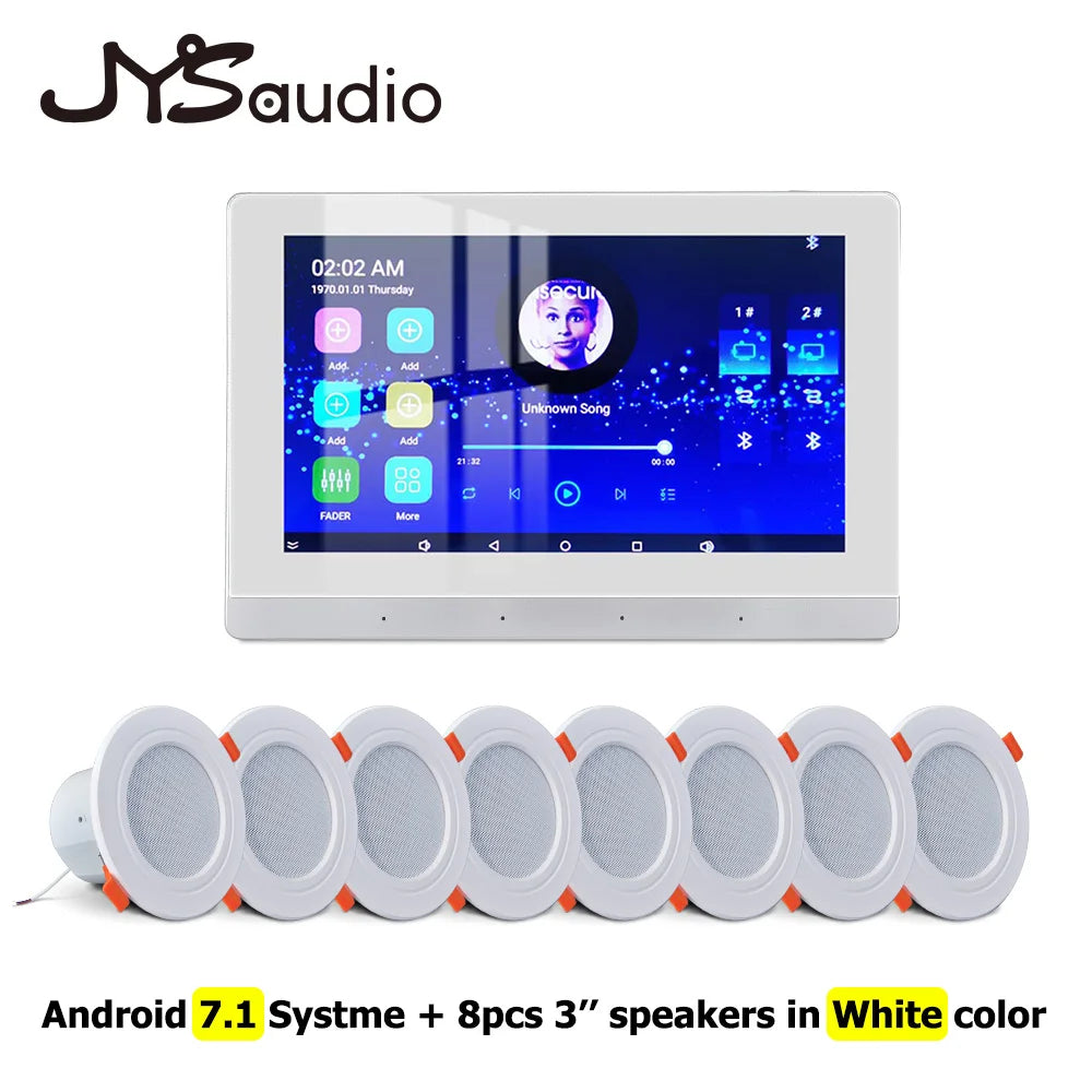 White jysaudio android 7.1 smart home theater sound amplifier with touchscreen and eight white circular speakers