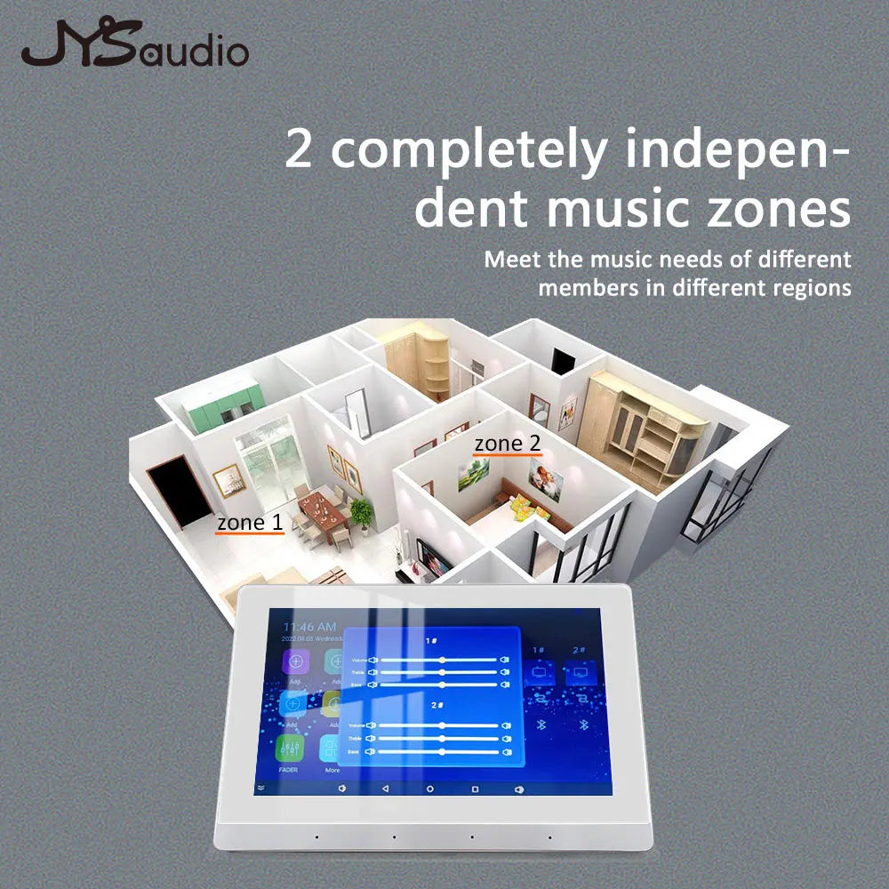 White rectangular touchscreen android music panel for jysaudio smart home theater sound amplifier system