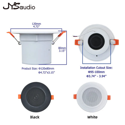 White circular recessed in-wall ceiling speaker with orange mounting clips mesh grille for smart home theater sound amplifier