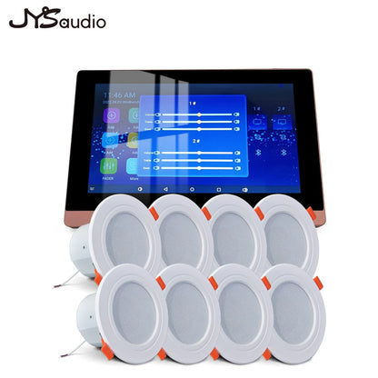 White circular recessed ceiling speakers with orange accents and jysaudio android music panel for smart home theater sound amplifier