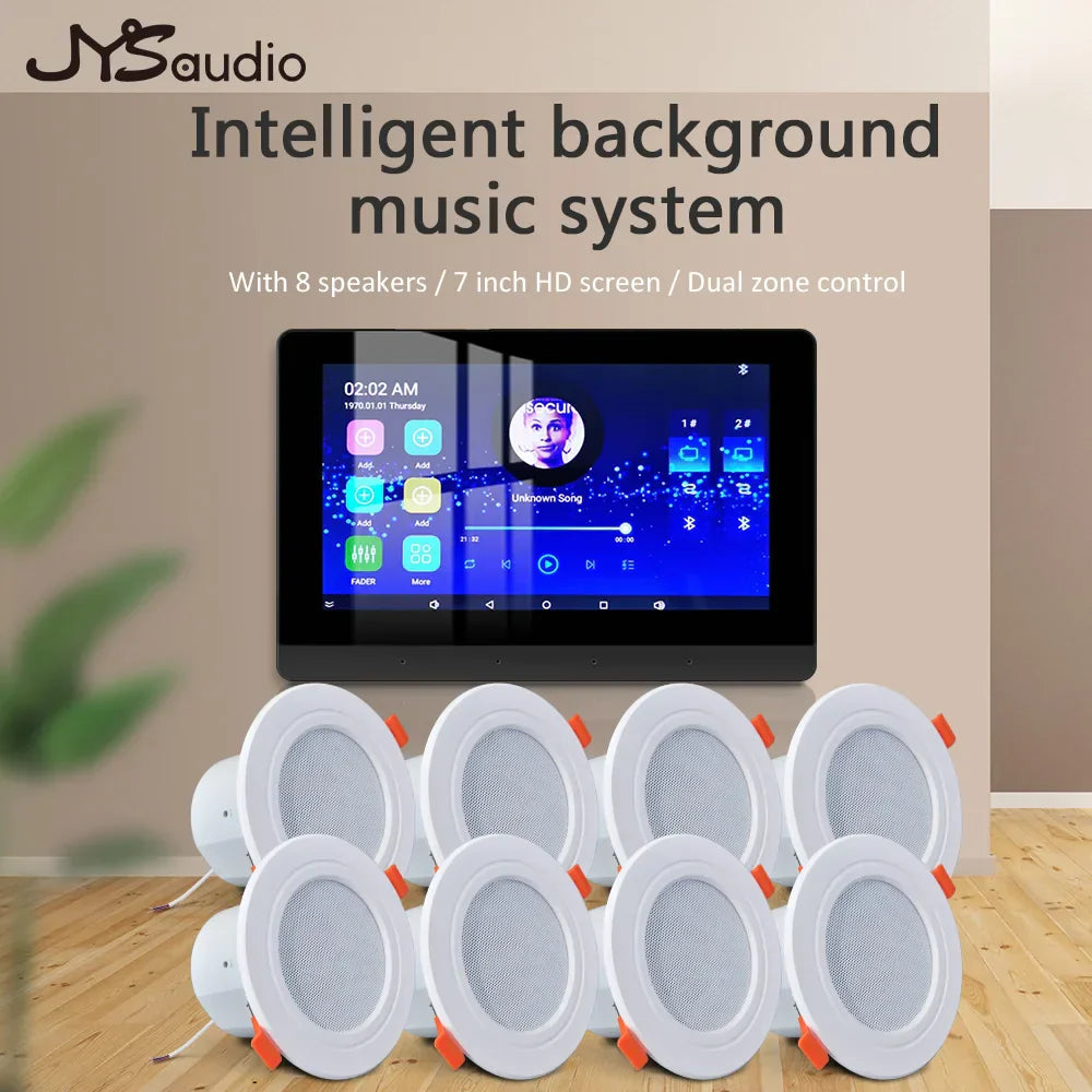 White circular recessed ceiling speakers with orange accents for smart home theater and android music panel use