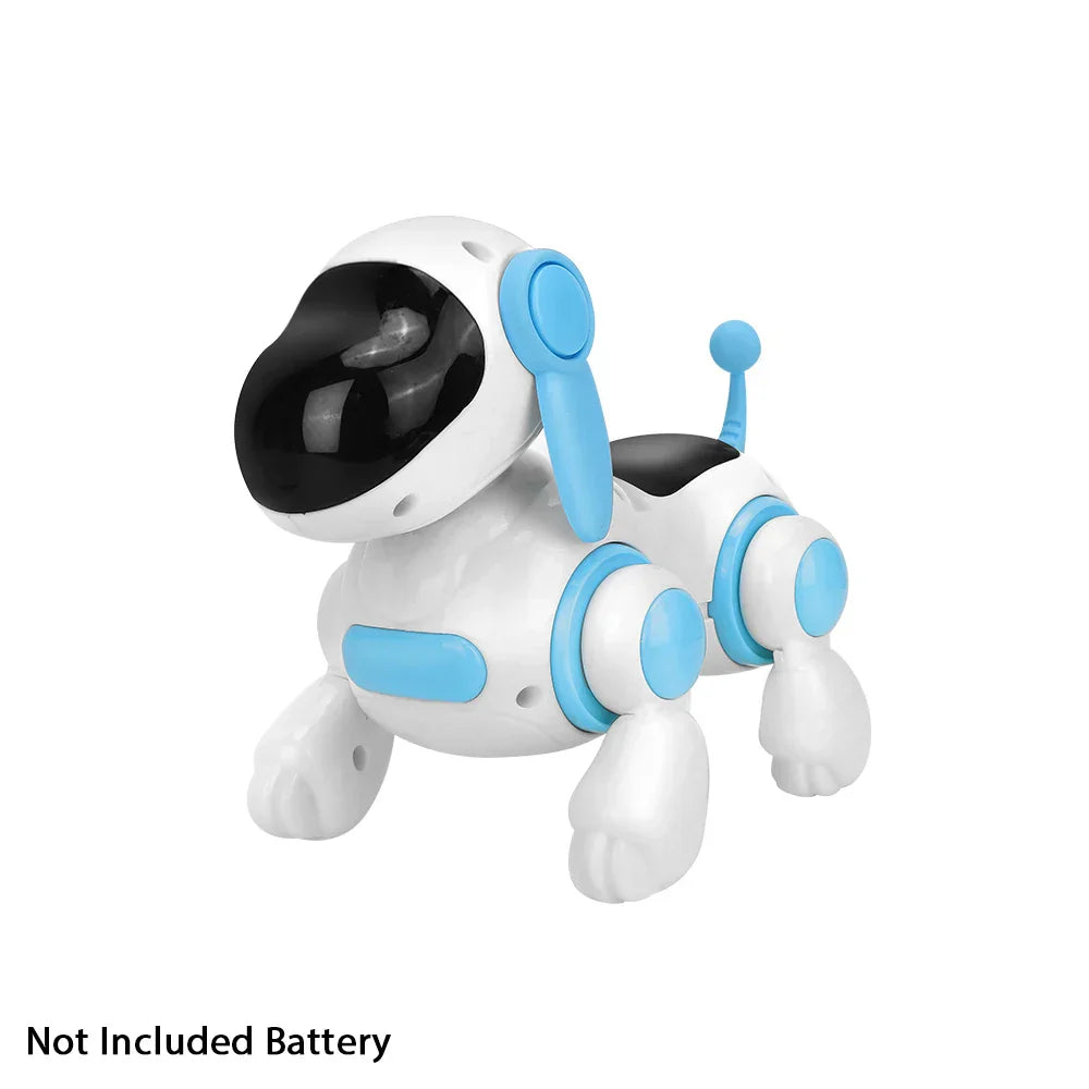 White and light blue smart interactive robotic dog toy with black visor features walking light sound educational crawling singing