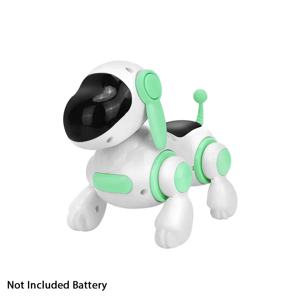 White and mint green smart interactive robotic dog toy with black visor featuring walking light sound and educational crawling singing